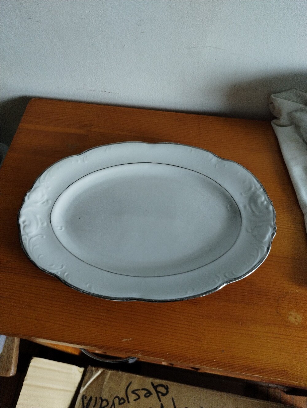 VTG Walbrzych Poland White Serving Platter with Silver Trim